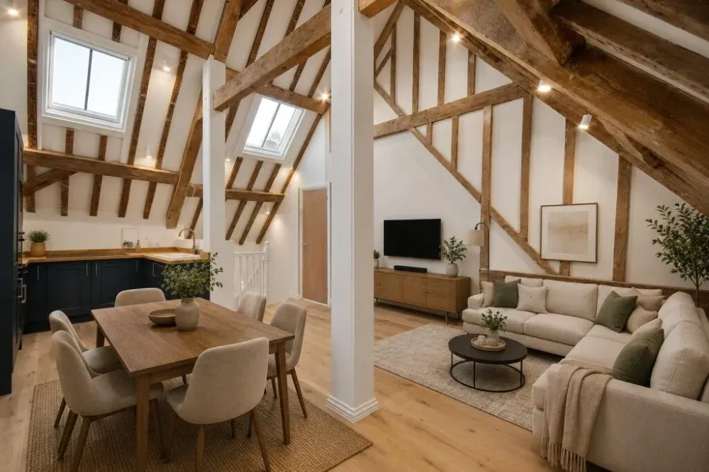 Dining area and lounge under the mill’s original timber roof structure, lit by roof lights