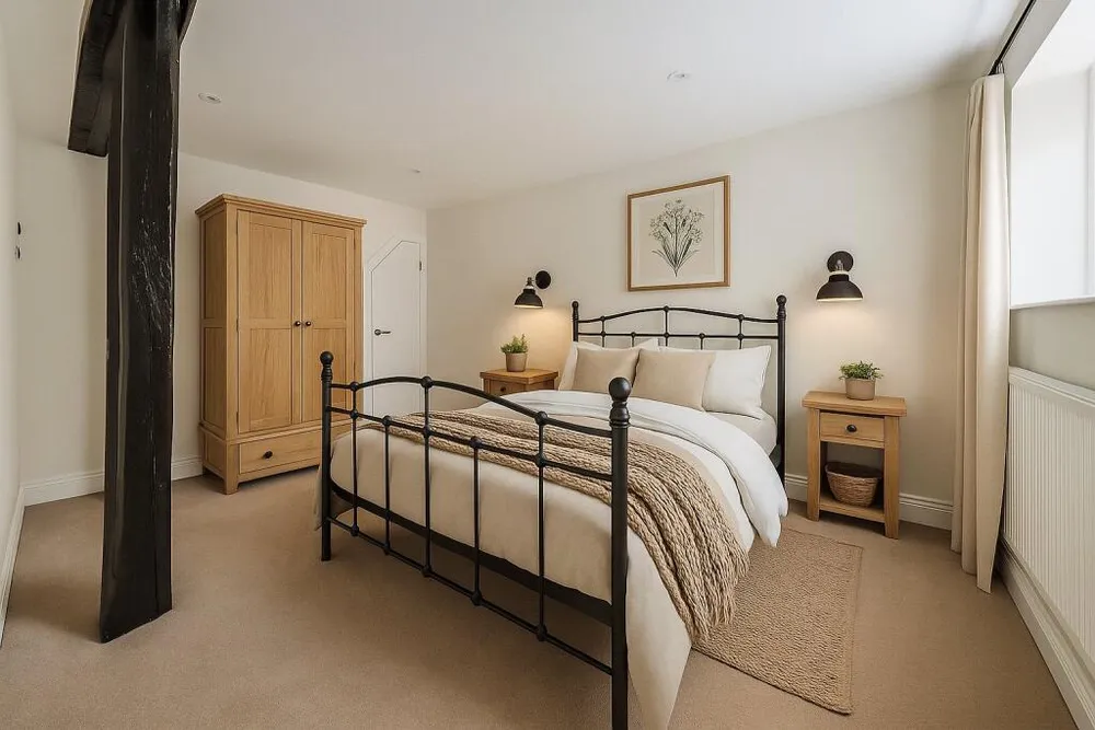 Bedroom with an iron bedstead, oak wardrobe and a retained timber post