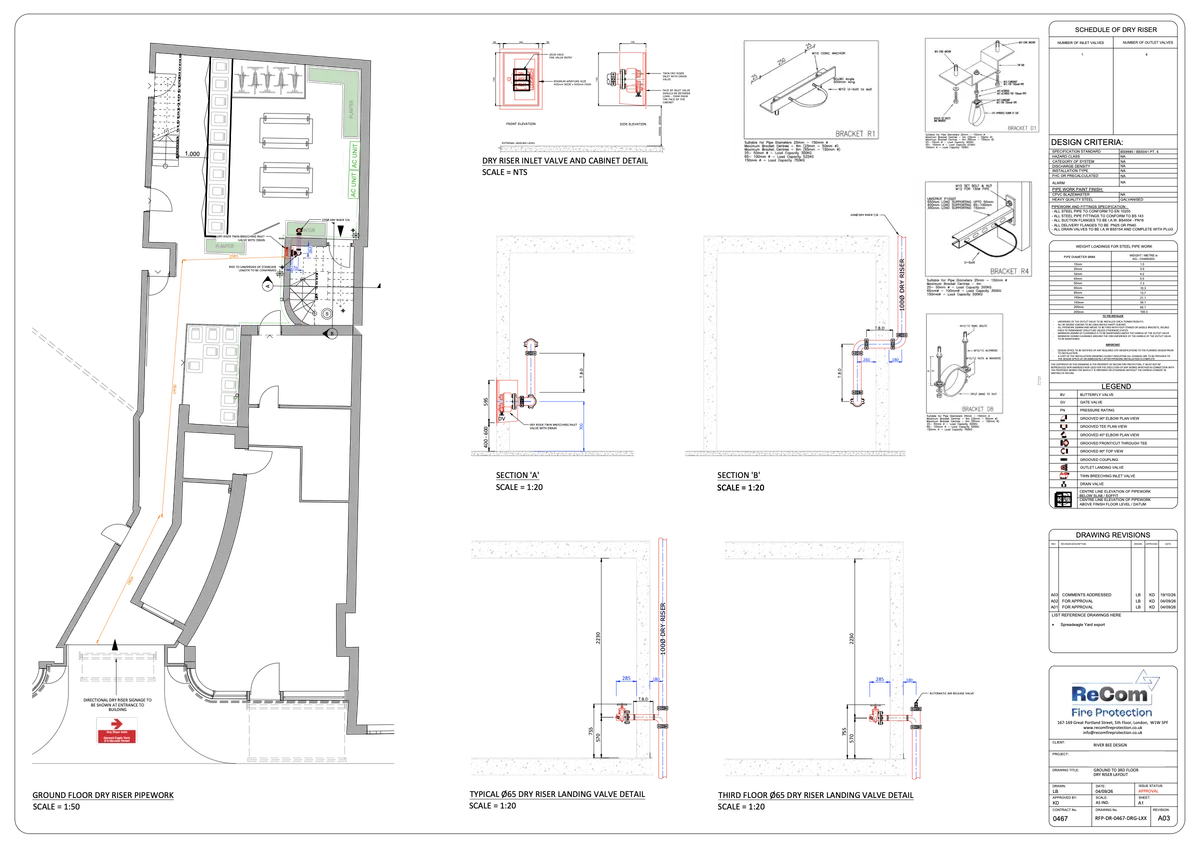 Dry riser layout from ground to third floor: the ground floor pipework plan with the inlet cabinet at the entrance, sections through the riser, landing valve details on each floor, pipe brackets, design criteria and a legend
