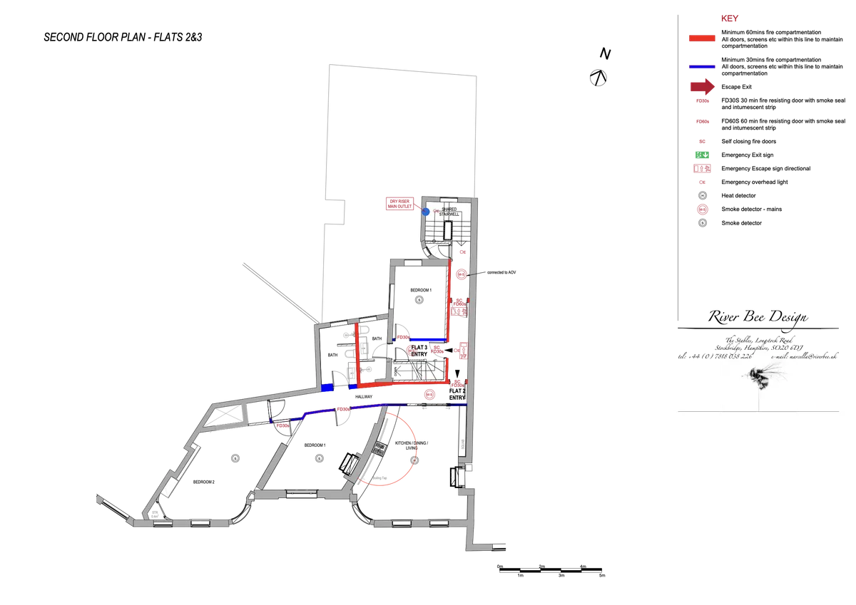 River Bee Design fire strategy plan for the second floor of two flats in a listed building in Greenwich: red 60-minute and blue 30-minute fire compartment lines, FD30S and FD60S fire doors, escape routes, smoke and heat detectors, emergency lighting and the dry riser outlet in the shared stairwell, with a key