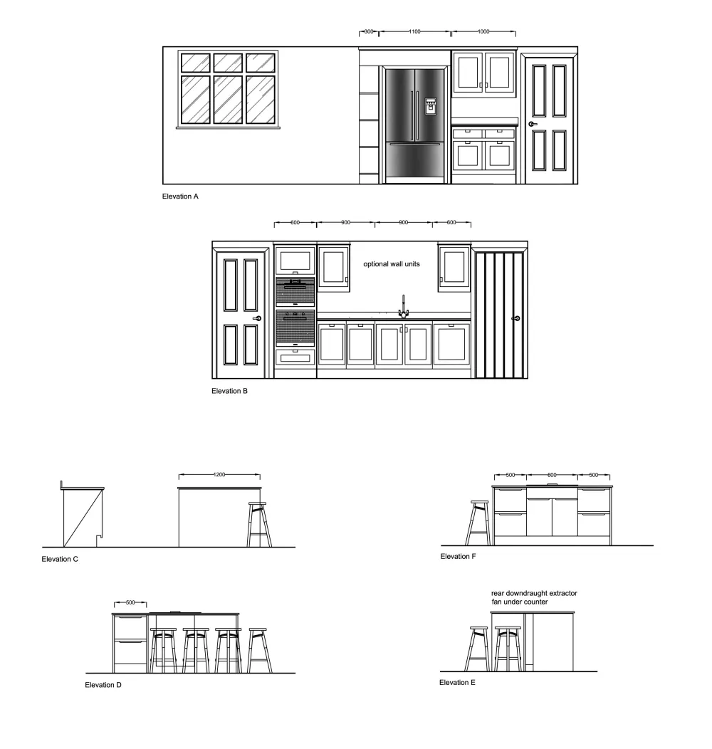 AutoCAD kitchen elevations A to F: the fridge wall, the sink wall with tall oven housing, and the island from each side with bar stools