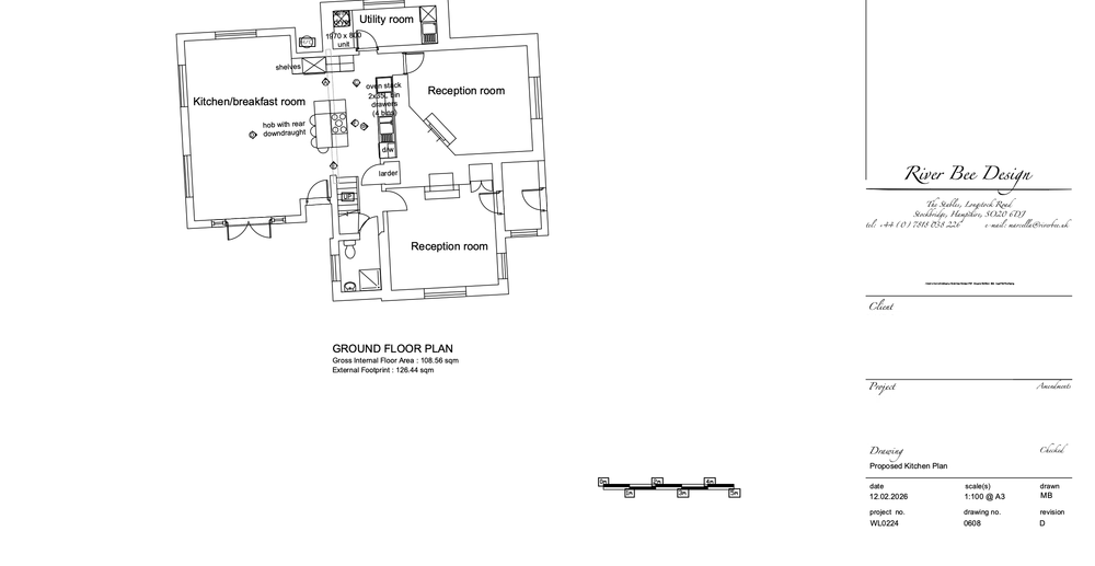 AutoCAD ground floor plan of the lodge showing the proposed kitchen and breakfast room with its island, the utility room, two reception rooms and the elevation markers A to F